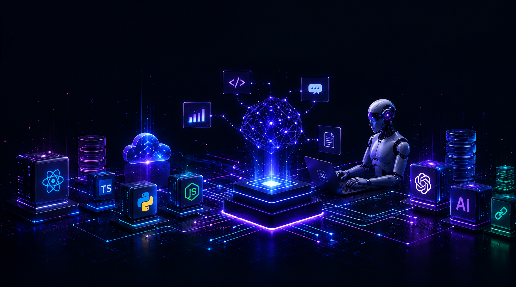 Dark 3D scene of AI and technology building blocks — React, TypeScript, Python, Node.js and databases — connected around a glowing AI core with an AI assistant at a laptop.